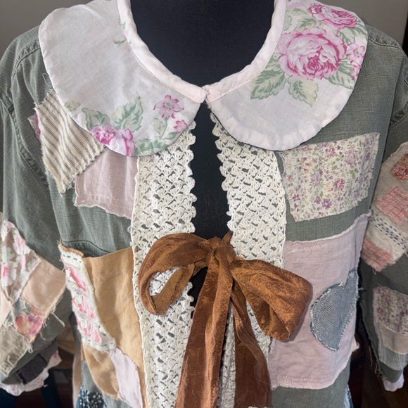 Handmade Artisan Vintage Materials Jacket Silk Bow Closure Peter Pan Collar XL - Picture 2 of 16
